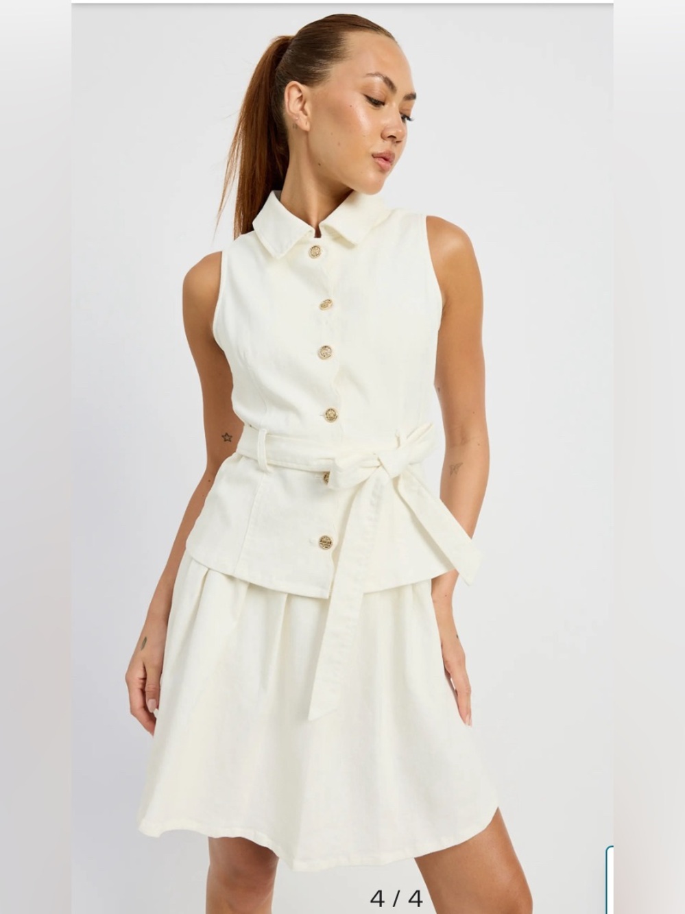 En Saison button up belted stretch white denim dress